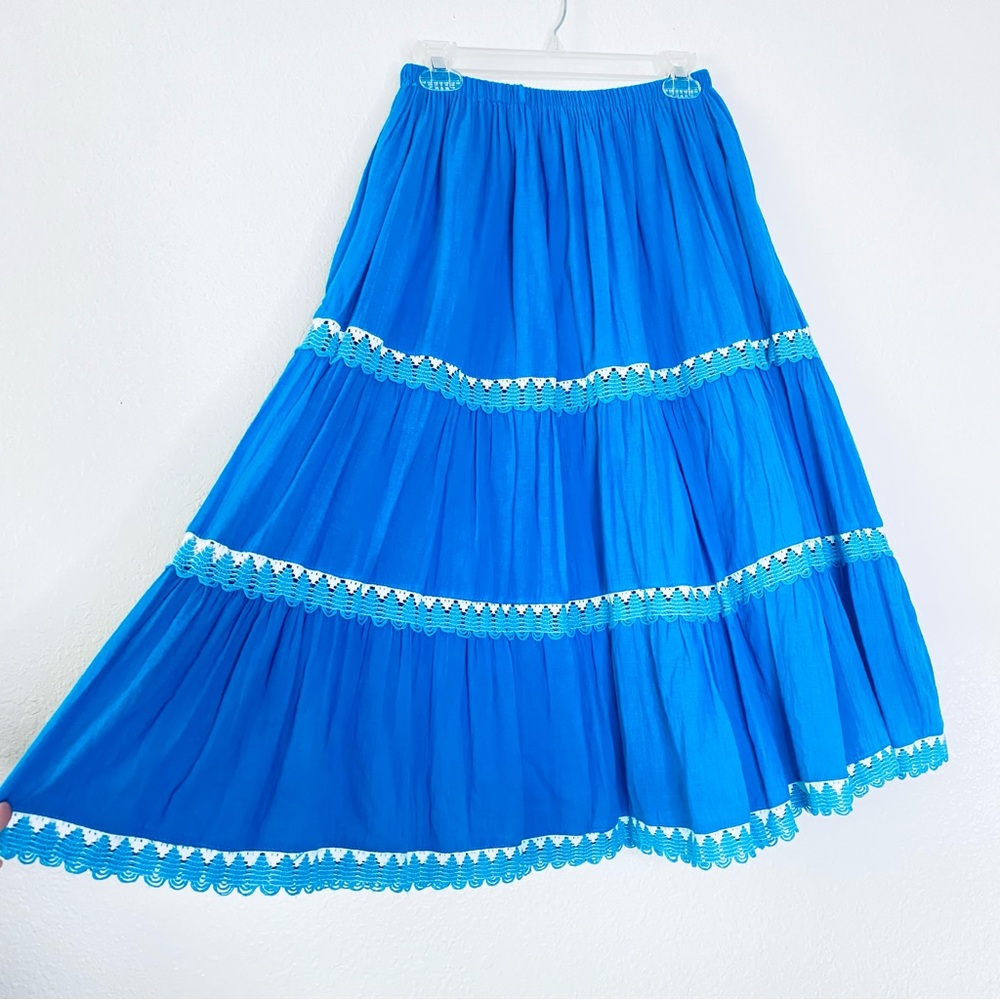 🍓 Boho Fiesta Blue Scalloped Embroidered Lace Tiered A-Line Skirt One Size